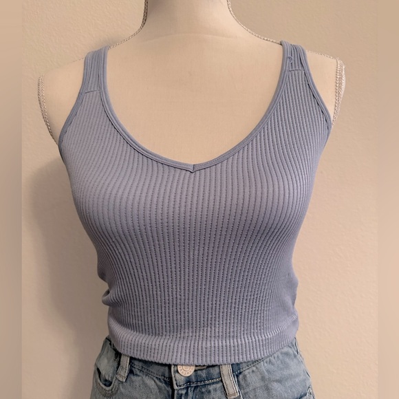 Blue Stretchy Ribbed Crew Neck Crop Top Tank Sleeveless Size S/M - Picture 2 of 6